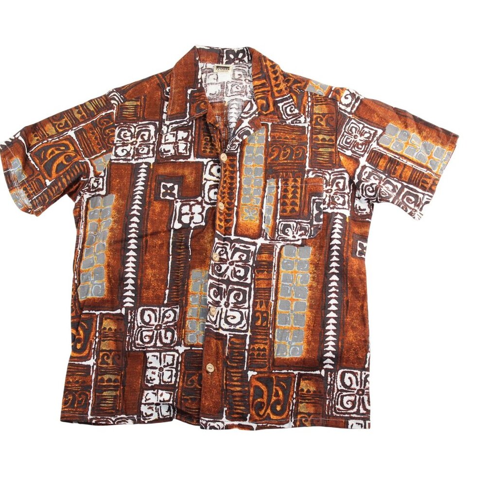 Vintage 90's Montgomery Ward XL Tapa Cloth Brown Tiki Hawaiian Tribal Shirt